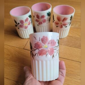 Mt Washington Glass Milk Glass Ribbed Floral Tumblers